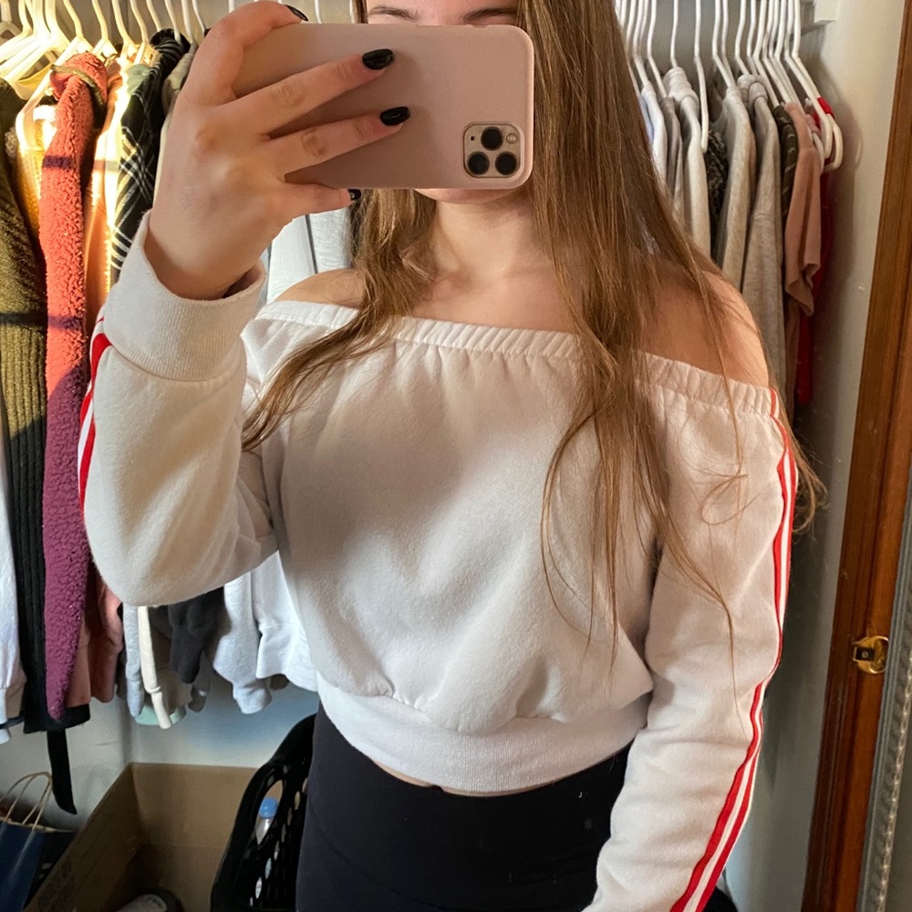 white w/ red stripes off the shoulder sweatshirt